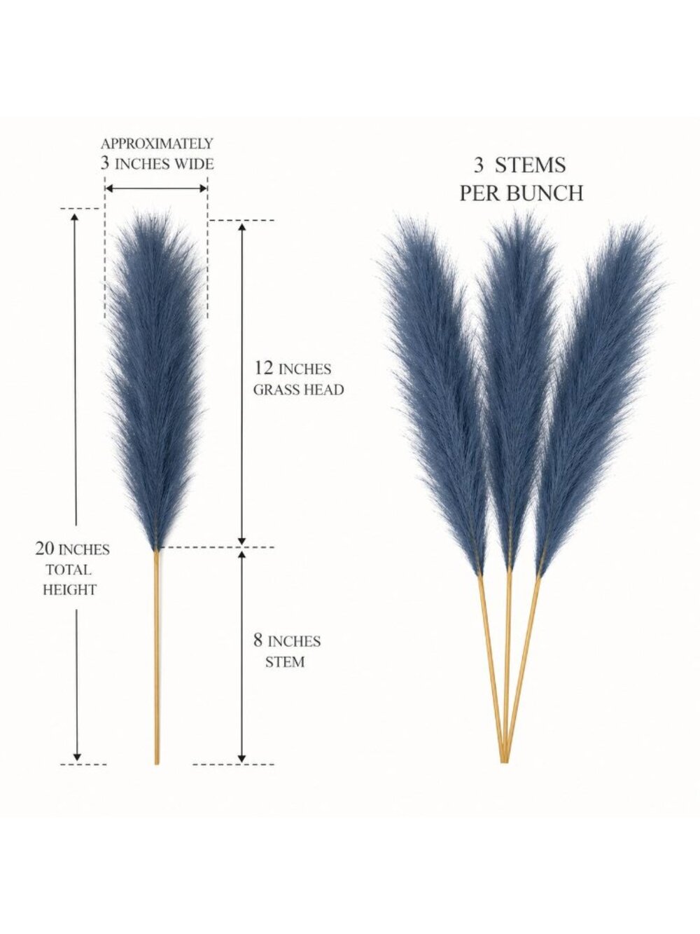 Dusty Navy Blue Faux Pampas Grass Bundle | 3 Artificial Pampas Stems | 20 Inch B - Picture 2 of 8